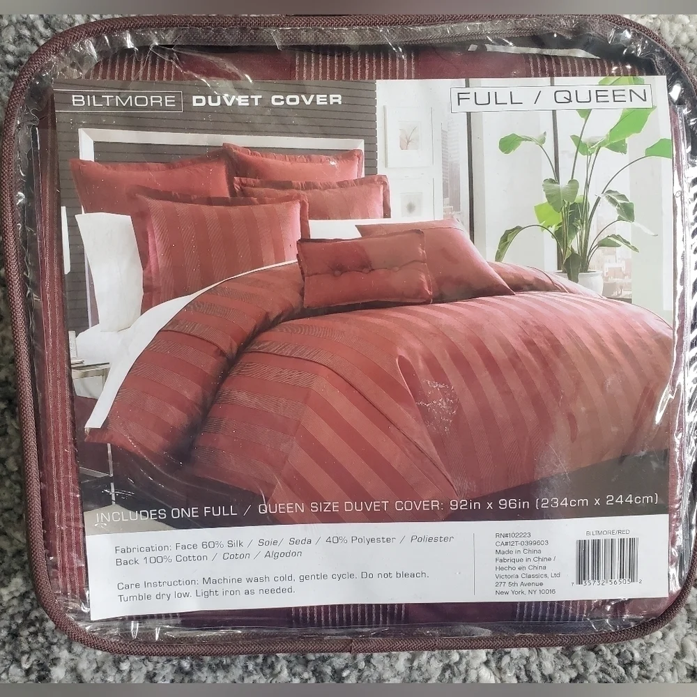 Biltmore 60% Silk 100% COTTON stripes Burgundy Duvet Cover Only Full/Queen Size.